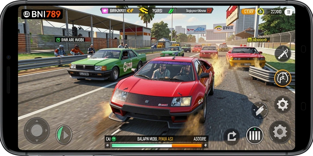 Tampilan screenshot BNI789 dengan aksi balapan mobil yang mendebarkan.