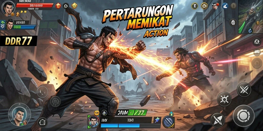 Tampilan gameplay mendebarkan di IDR77 saat bertarung melawan musuh.