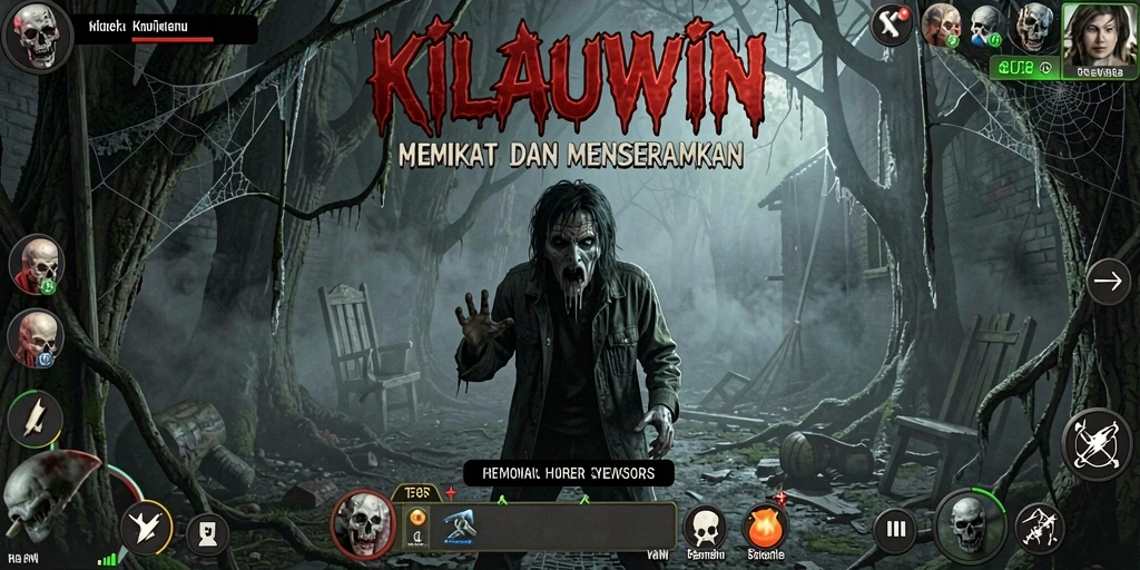 Screenshot gameplay KILAUWIN menampilkan suasana mencekam dan karakter menakutkan.