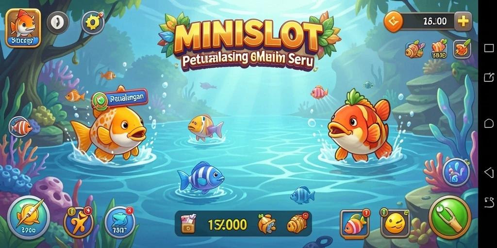Gameplay seru MINISLOT dengan berbagai ikan menunggu untuk ditangkap.