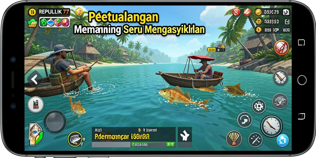 Tampilan gameplay menarik dari REPUBLIK77 dengan suasana memancing yang realistis.