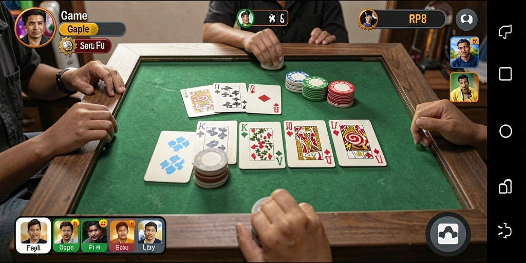 Screenshot utama RP8 menampilkan gameplay Gaple yang menarik.
