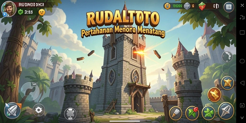 Screenshot RUDALTOTO menampilkan gameplay Tower Defense yang penuh aksi.