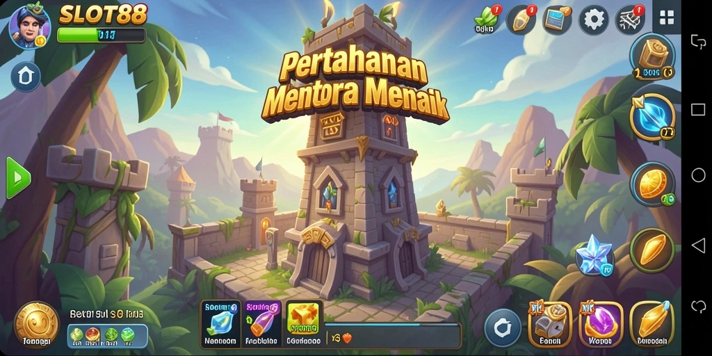 Screenshot gameplay SLOT88 menunjukkan pertahanan menara yang dinamis dan musuh yang menyerang.