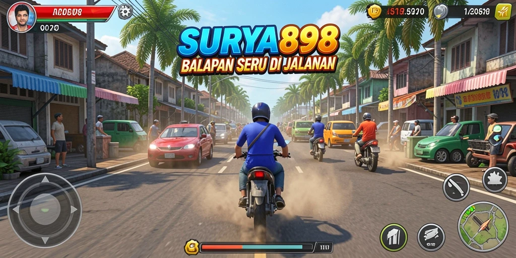 Screenshot utama SURYA898 menampilkan aksi balapan yang intens dan menggetarkan.
